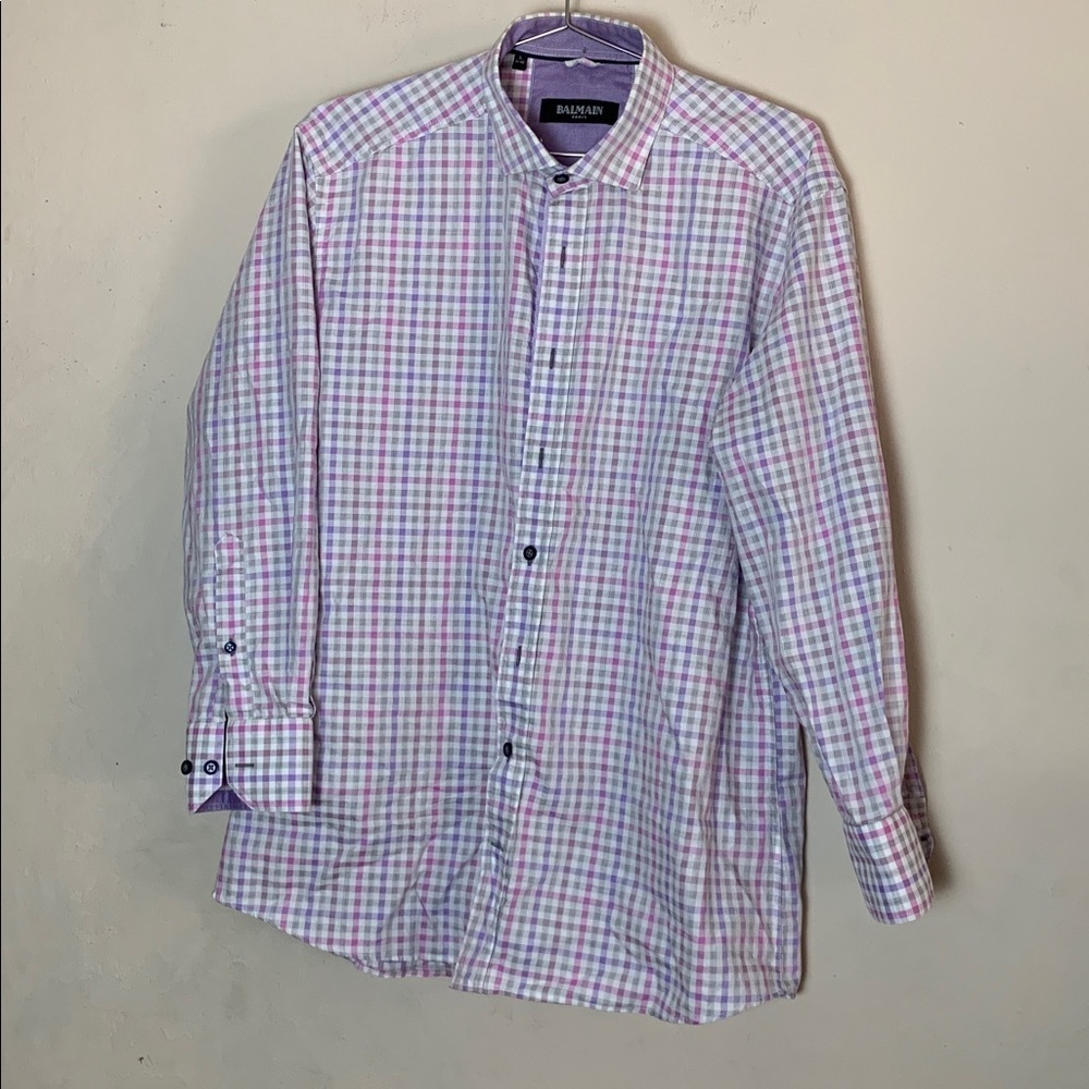 Balmain Paris Button Up Shirt Plaid Two Ply Cotton Men's Size Large